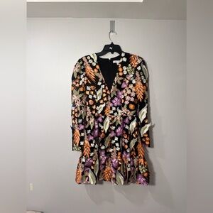 Dress the Population Floral Long Sleeve Dress - Black, Orange, Purple, Green